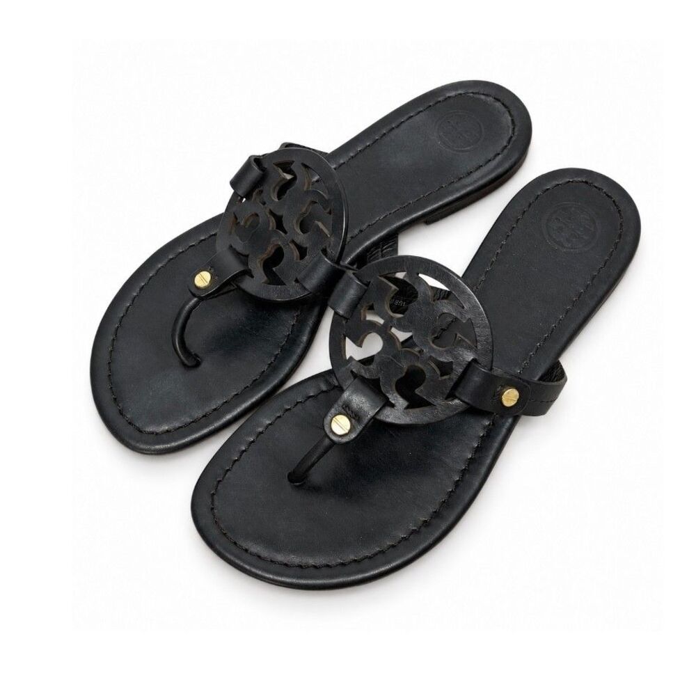 Tory Burch Miller Sandals Womens 7M Black Leather Logo Thong Flats Gold Rivets